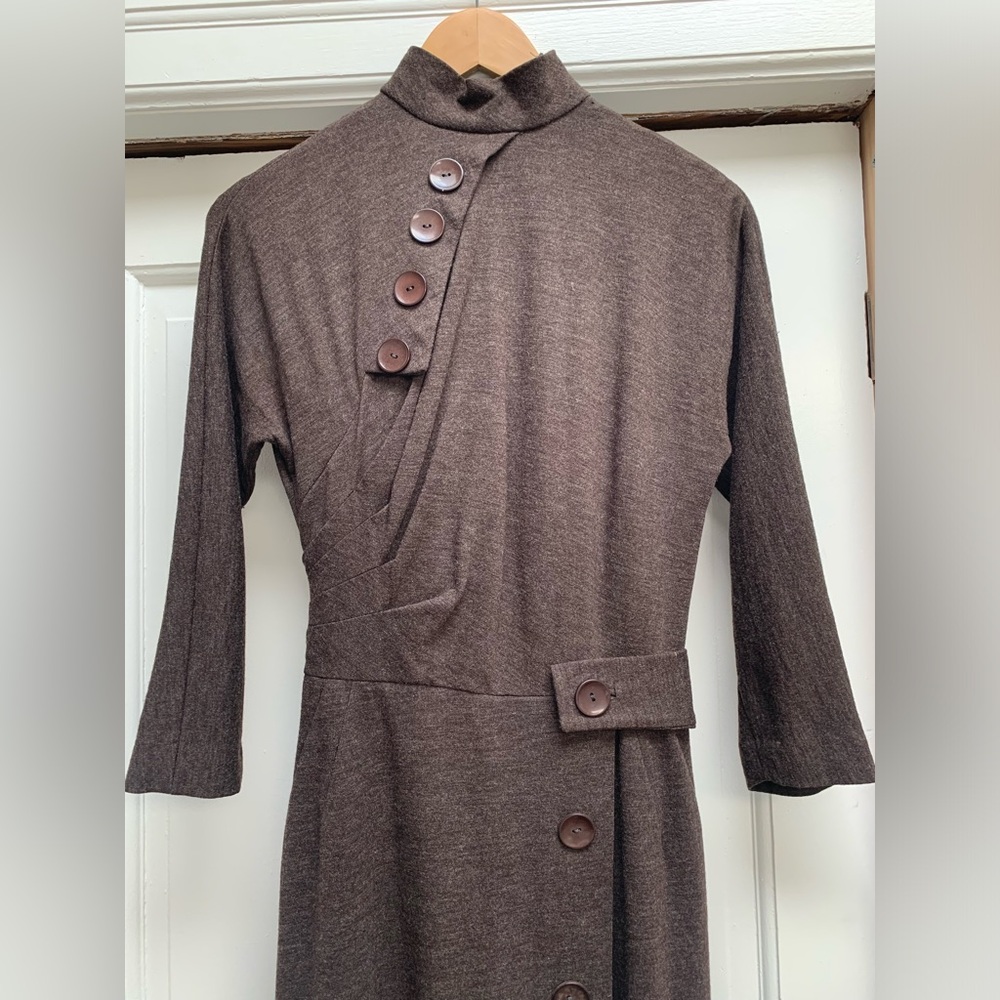 Vintage 1940s Fitted Wool Dress with Decorative Buttons, 3/4 Sleeve, Size Small